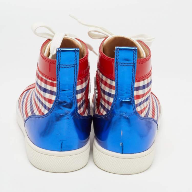 Pre Owned Christian Louboutin Tricolor Patent Leather and Plaid Fabric Louis High Top Sneakers Size 40