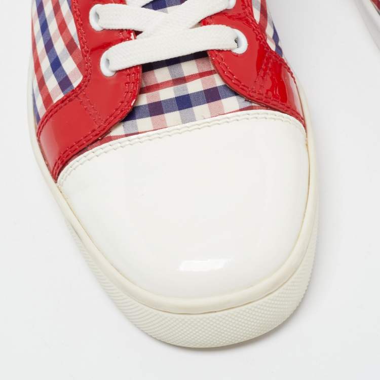 Pre Owned Christian Louboutin Tricolor Patent Leather and Plaid Fabric Louis High Top Sneakers Size 40