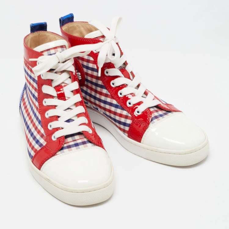 Pre Owned Christian Louboutin Tricolor Patent Leather and Plaid Fabric Louis High Top Sneakers Size 40