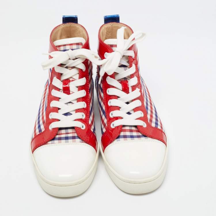 Pre Owned Christian Louboutin Tricolor Patent Leather and Plaid Fabric Louis High Top Sneakers Size 40