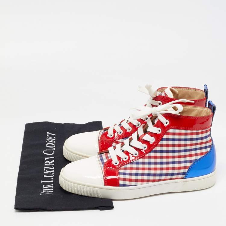 Pre Owned Christian Louboutin Tricolor Patent Leather and Plaid Fabric Louis High Top Sneakers Size 40