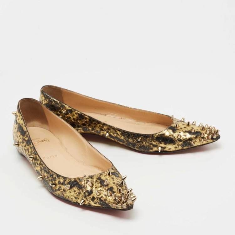 Pre Owned Christian Louboutin Gold/Black Watersnake Degraspike Ballet Flats Size 38
