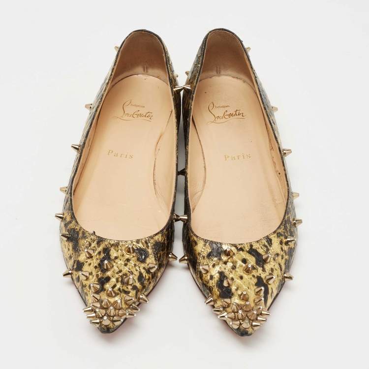 Pre Owned Christian Louboutin Gold/Black Watersnake Degraspike Ballet Flats Size 38