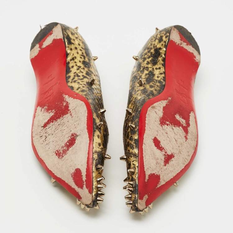 Pre Owned Christian Louboutin Gold/Black Watersnake Degraspike Ballet Flats Size 38