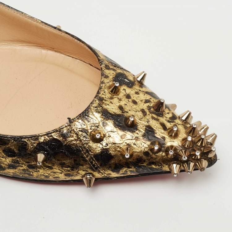 Pre Owned Christian Louboutin Gold/Black Watersnake Degraspike Ballet Flats Size 38