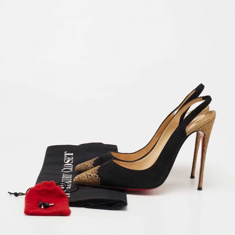 Pre Owned Christian Louboutin Black/Gold Suede and Glitter Almine Slingback Pumps Size 38