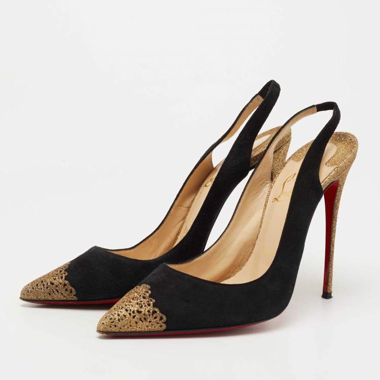 Pre Owned Christian Louboutin Black/Gold Suede and Glitter Almine Slingback Pumps Size 38