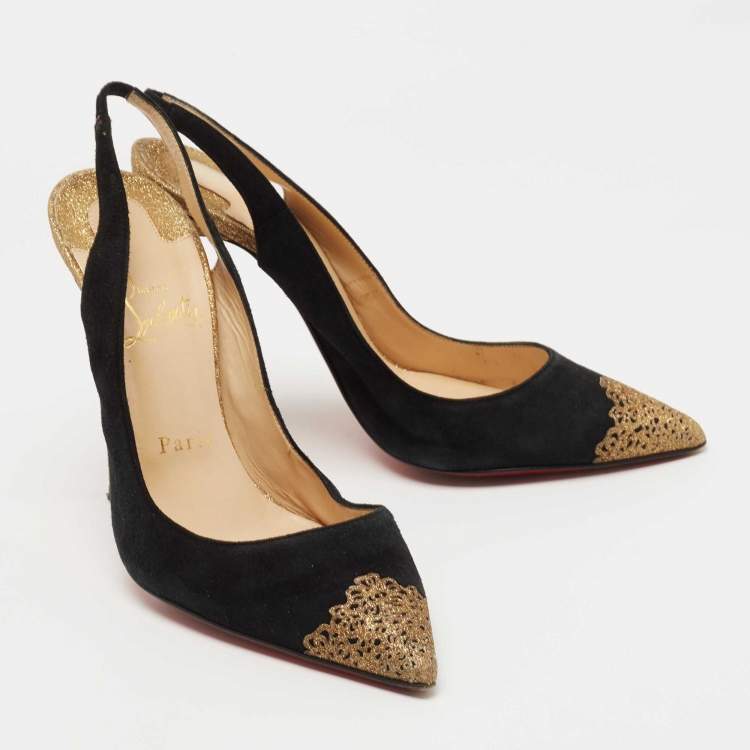 Pre Owned Christian Louboutin Black/Gold Suede and Glitter Almine Slingback Pumps Size 38