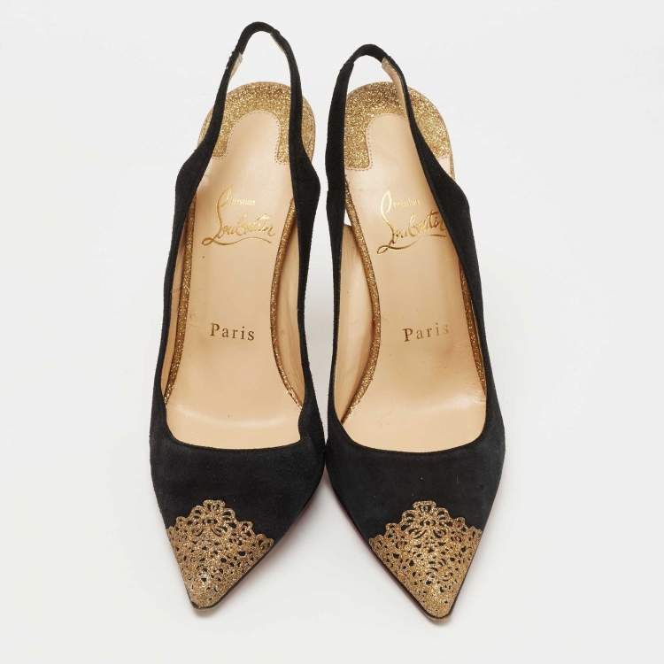 Pre Owned Christian Louboutin Black/Gold Suede and Glitter Almine Slingback Pumps Size 38