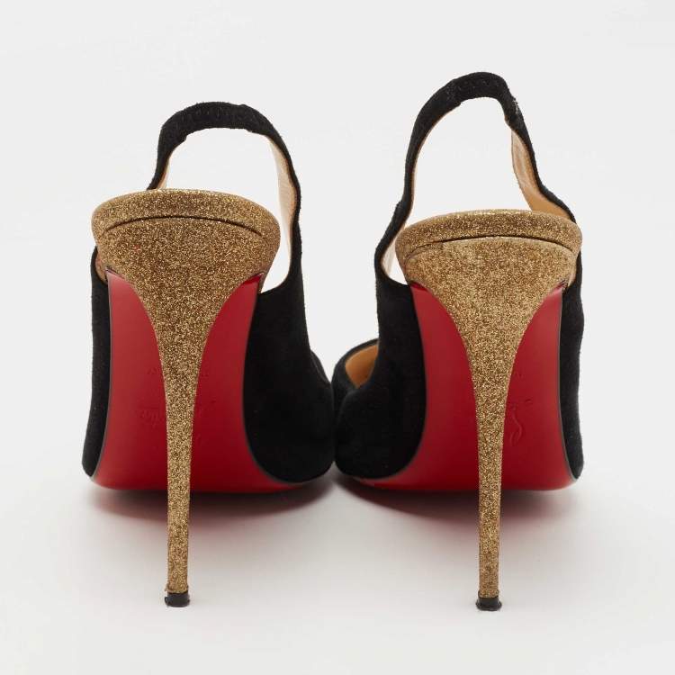 Pre Owned Christian Louboutin Black/Gold Suede and Glitter Almine Slingback Pumps Size 38