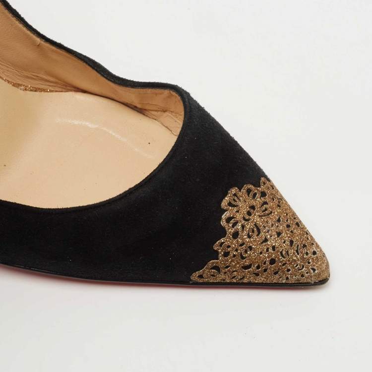 Pre Owned Christian Louboutin Black/Gold Suede and Glitter Almine Slingback Pumps Size 38