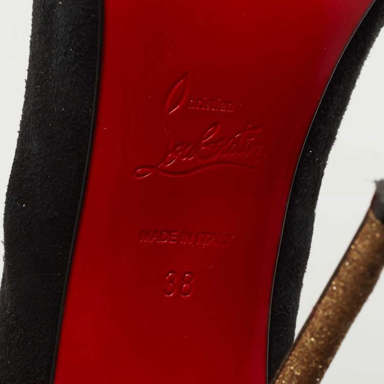 Pre Owned Christian Louboutin Black/Gold Suede and Glitter Almine Slingback Pumps Size 38