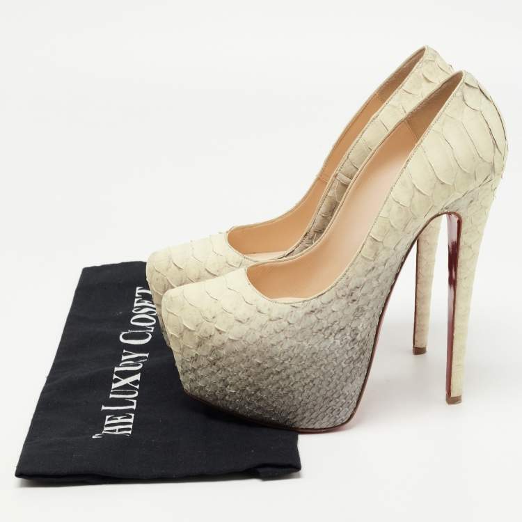 Pre Owned Christian Louboutin Grey/Light Yellow Python Daffodile Pumps Size 37