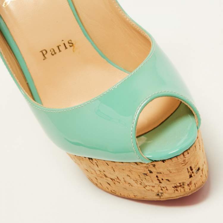 Pre Owned Christian Louboutin Green Patent Leather Une Plume Cork Wedge Sandals Size 37.5