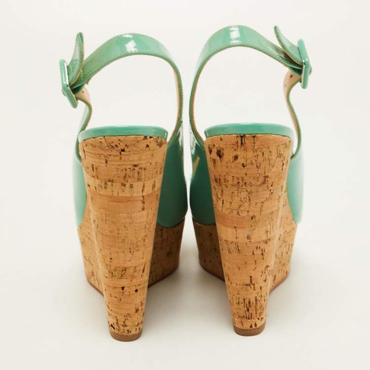 Pre Owned Christian Louboutin Green Patent Leather Une Plume Cork Wedge Sandals Size 37.5