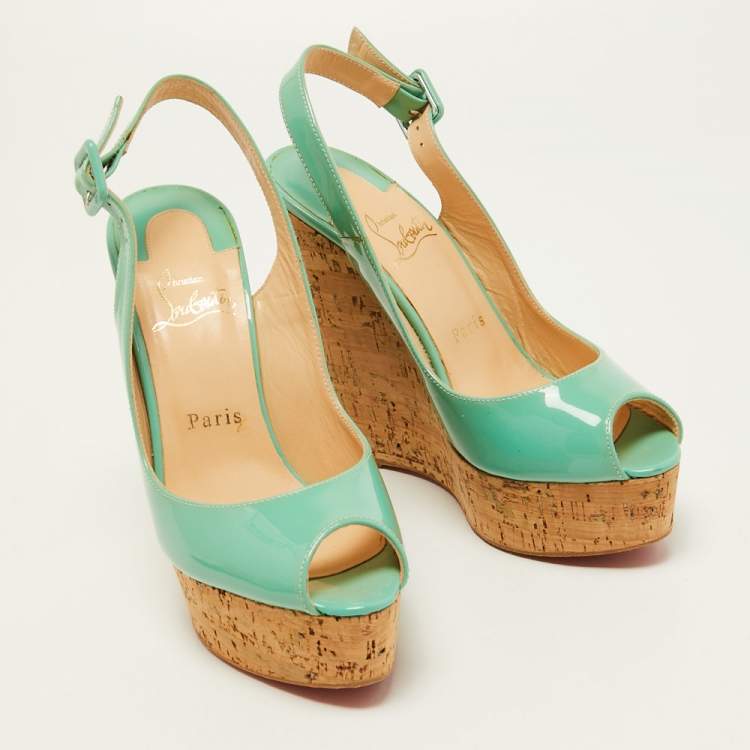 Pre Owned Christian Louboutin Green Patent Leather Une Plume Cork Wedge Sandals Size 37.5