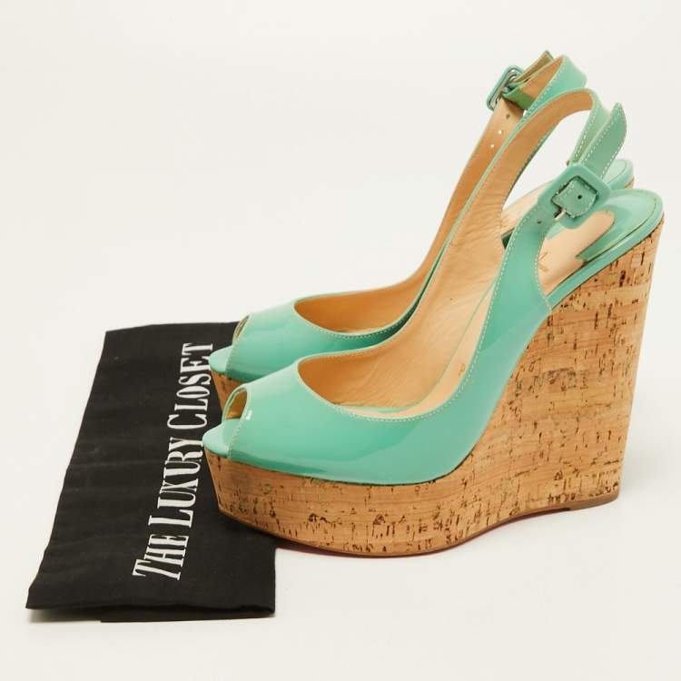 Pre Owned Christian Louboutin Green Patent Leather Une Plume Cork Wedge Sandals Size 37.5