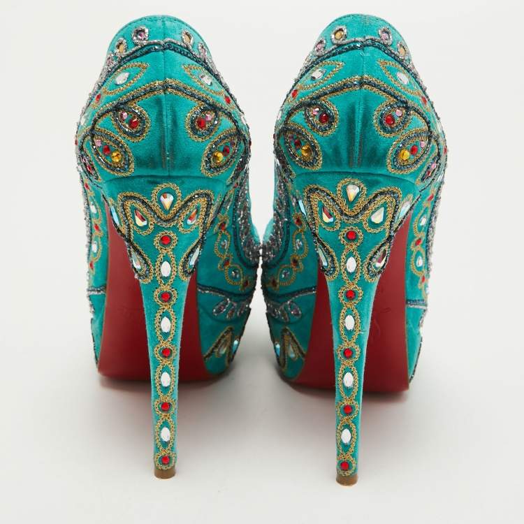 Pre Owned Christian Louboutin Turquoise Embellished Suede Lady Peep Pumps Size 37