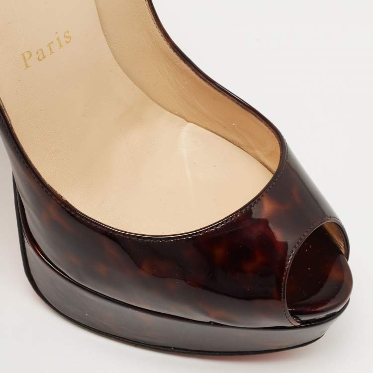 Pre Owned Christian Louboutin Brown Printed Patent Leather Lady Peep Pumps Size 36.5