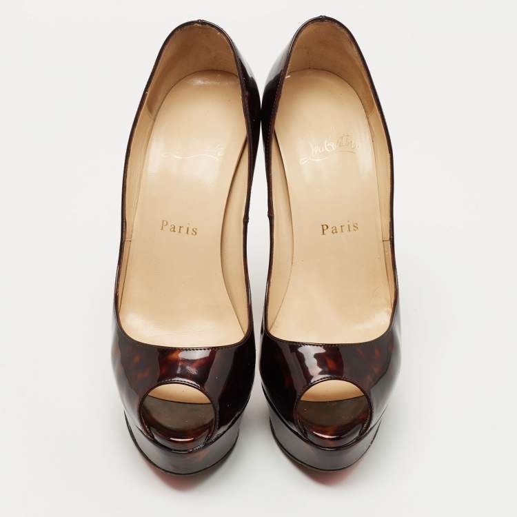 Pre Owned Christian Louboutin Brown Printed Patent Leather Lady Peep Pumps Size 36.5
