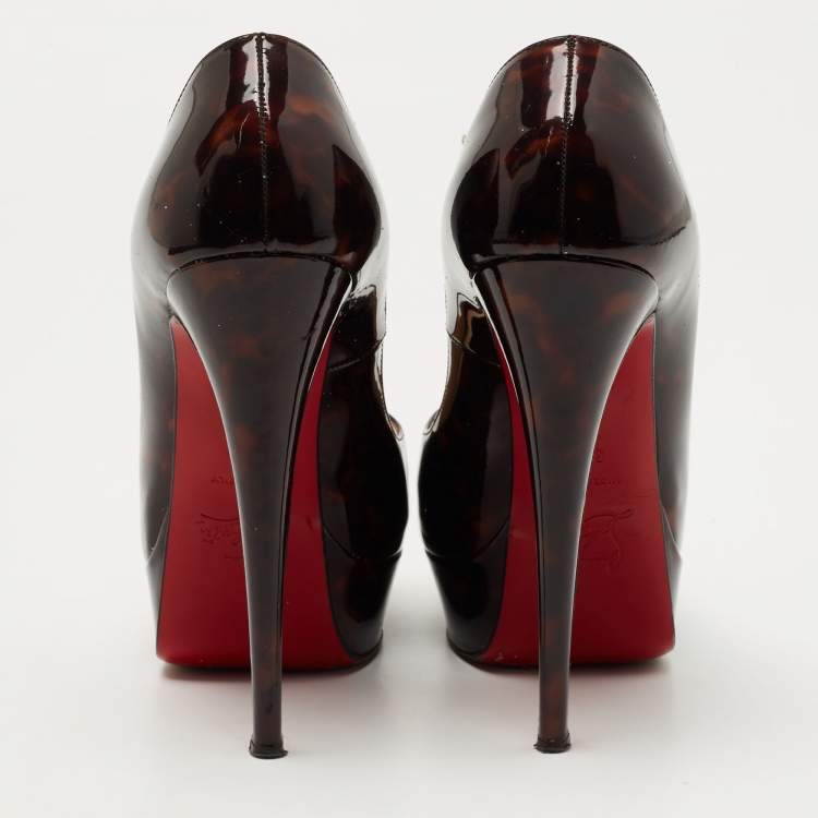 Pre Owned Christian Louboutin Brown Printed Patent Leather Lady Peep Pumps Size 36.5