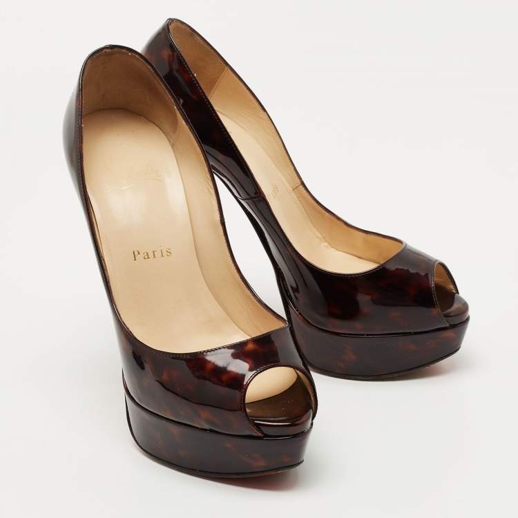 Pre Owned Christian Louboutin Brown Printed Patent Leather Lady Peep Pumps Size 36.5