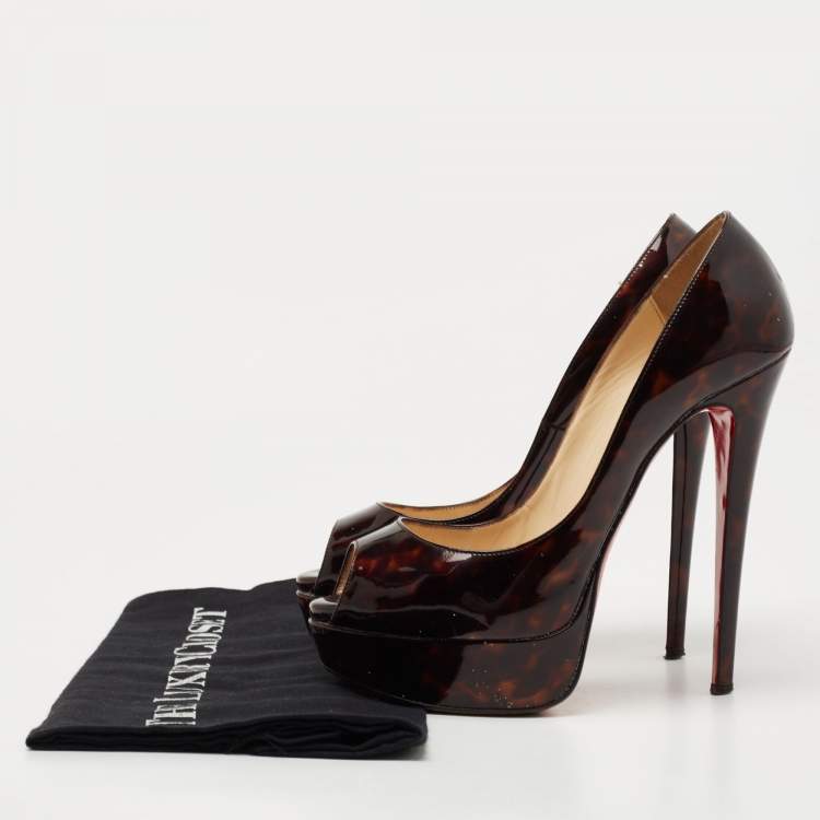 Pre Owned Christian Louboutin Brown Printed Patent Leather Lady Peep Pumps Size 36.5