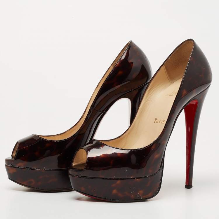 Pre Owned Christian Louboutin Brown Printed Patent Leather Lady Peep Pumps Size 36.5