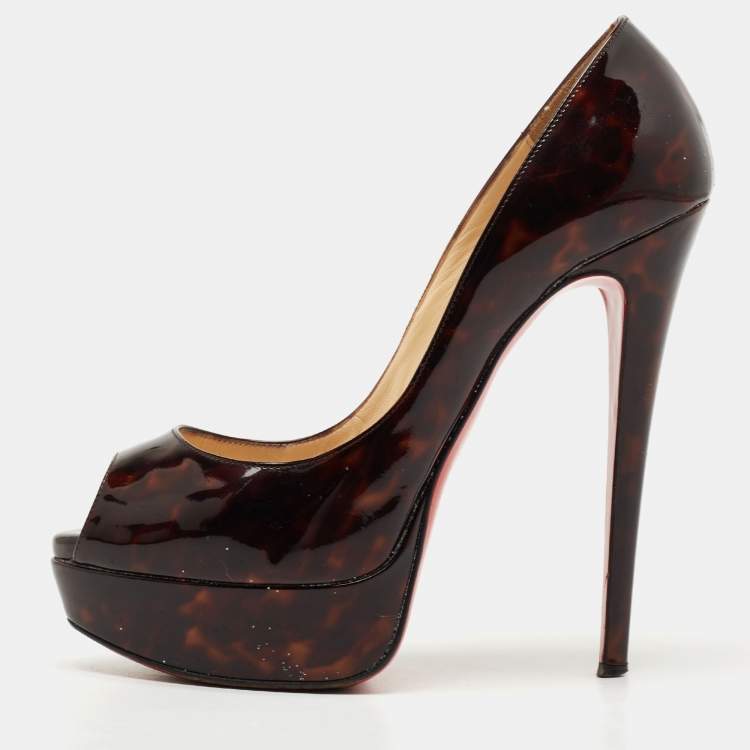Pre Owned Christian Louboutin Brown Printed Patent Leather Lady Peep Pumps Size 36.5