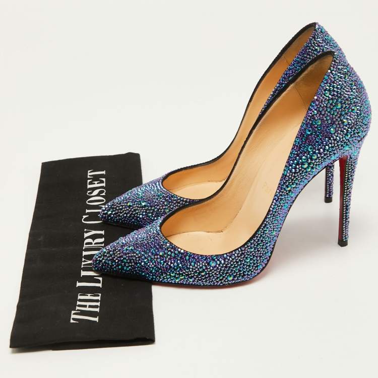 Pre Owned Christian Louboutin Metallic Blue Crystal Embellished Suede Pigalle Follies Pumps Size 37