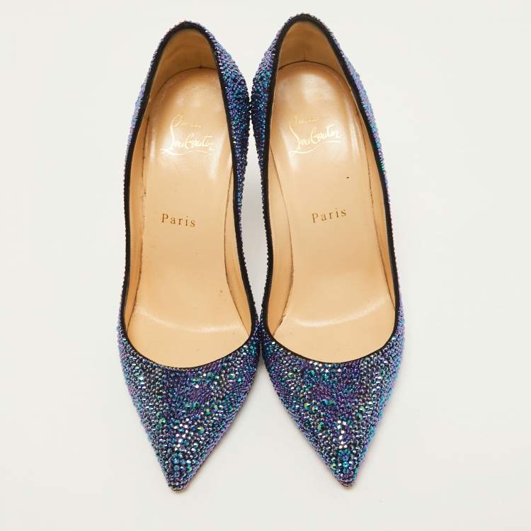 Pre Owned Christian Louboutin Metallic Blue Crystal Embellished Suede Pigalle Follies Pumps Size 37