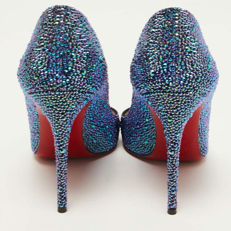 Pre Owned Christian Louboutin Metallic Blue Crystal Embellished Suede Pigalle Follies Pumps Size 37