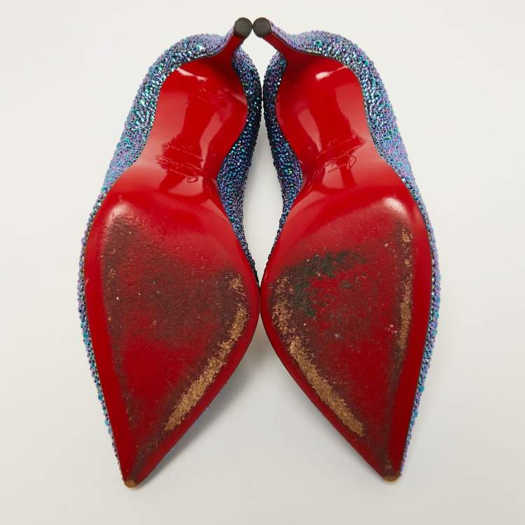 Pre Owned Christian Louboutin Metallic Blue Crystal Embellished Suede Pigalle Follies Pumps Size 37