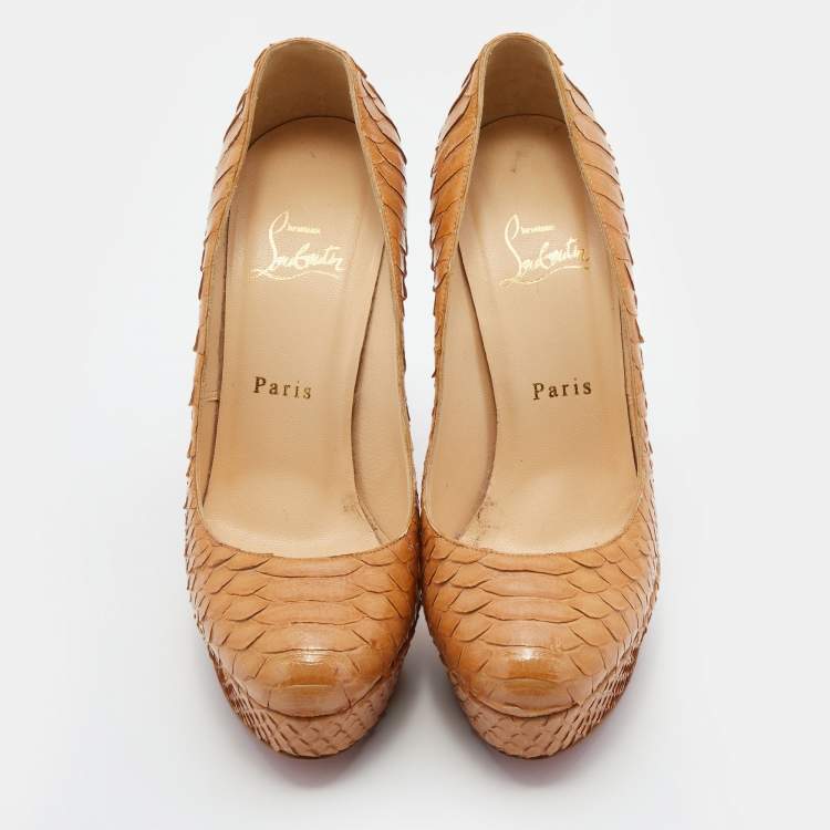 Pre Owned Christian Louboutin Light Brown Python Leather Bianca Platform Pumps Size 37