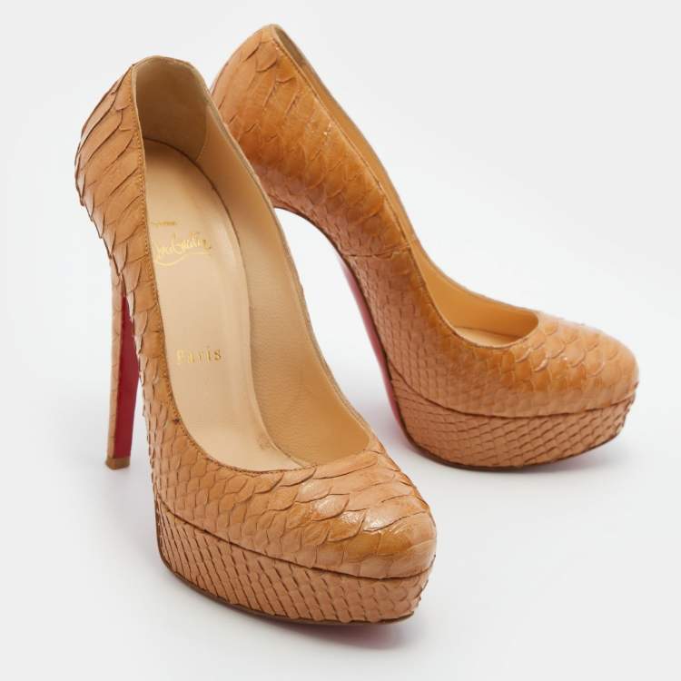 Pre Owned Christian Louboutin Light Brown Python Leather Bianca Platform Pumps Size 37