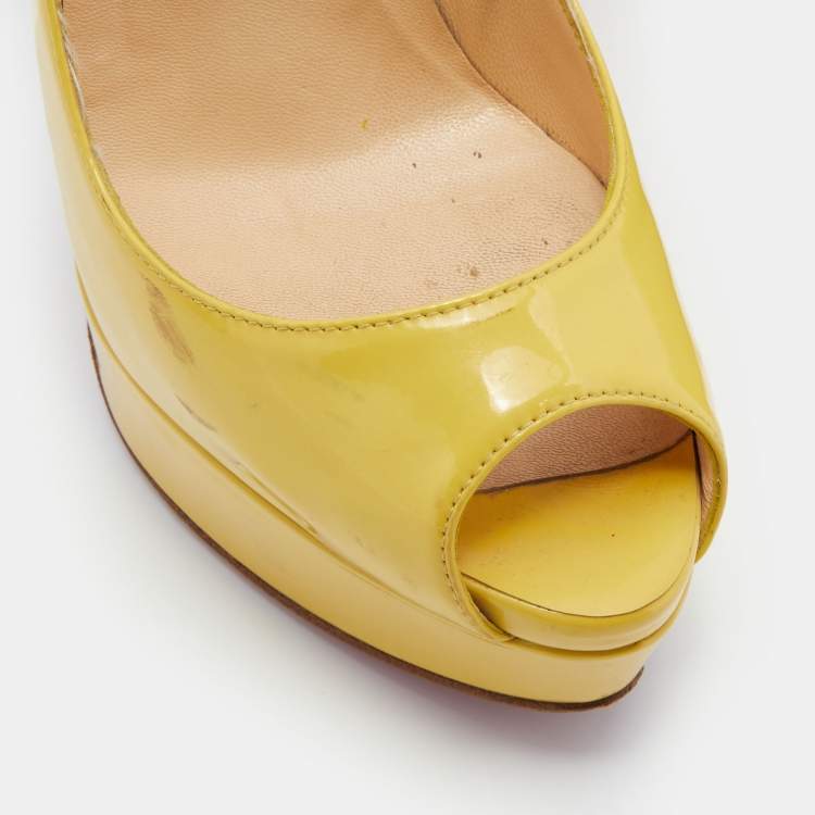 Pre Owned Christian Louboutin Yellow Patent Leather Lady Peep Platform Pumps Size 37