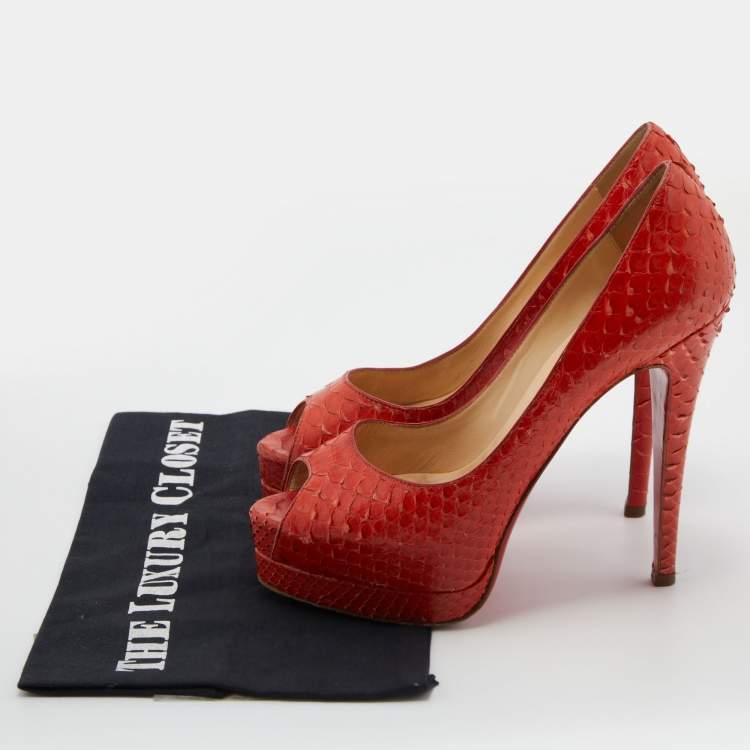 Pre Owned Christian Louboutin Orange Python Leather Altadama Peep Toe Platform Pumps Size 37