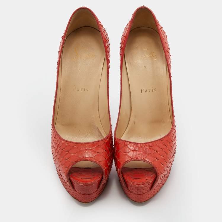 Pre Owned Christian Louboutin Orange Python Leather Altadama Peep Toe Platform Pumps Size 37