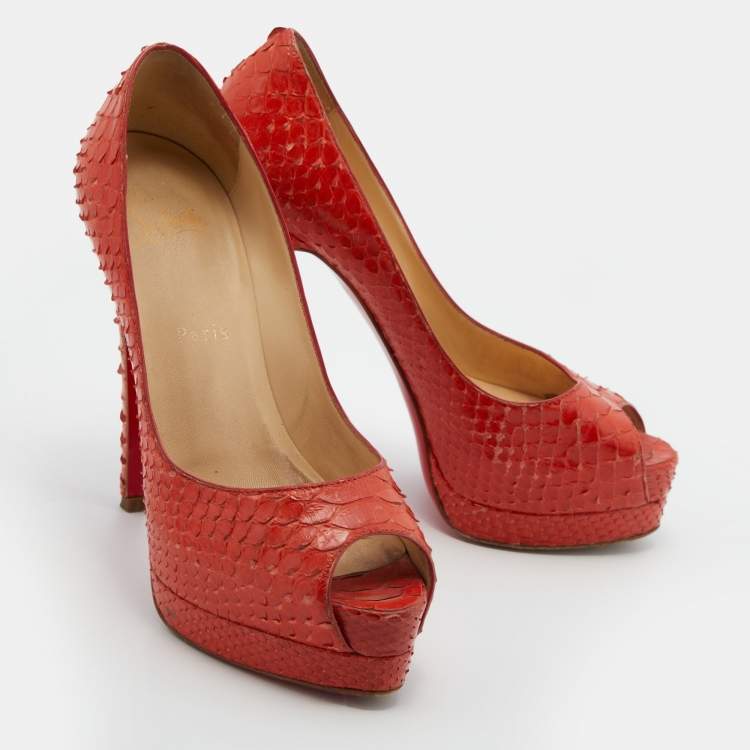 Pre Owned Christian Louboutin Orange Python Leather Altadama Peep Toe Platform Pumps Size 37