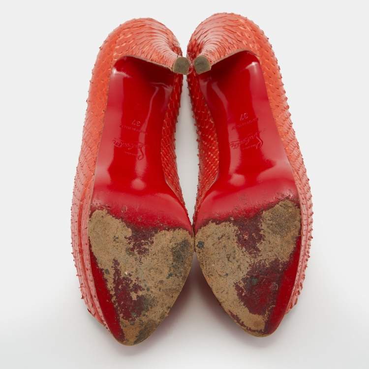 Pre Owned Christian Louboutin Orange Python Leather Altadama Peep Toe Platform Pumps Size 37