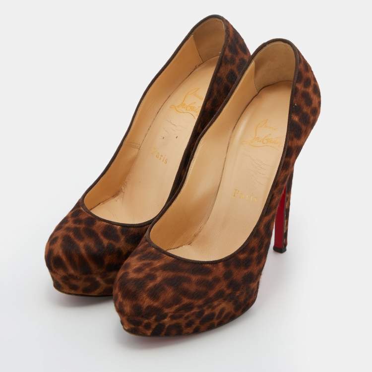 Pre Owned Christian Louboutin Brown Leopard Print Calf Hair Bianca Platform Pumps Size 37.5