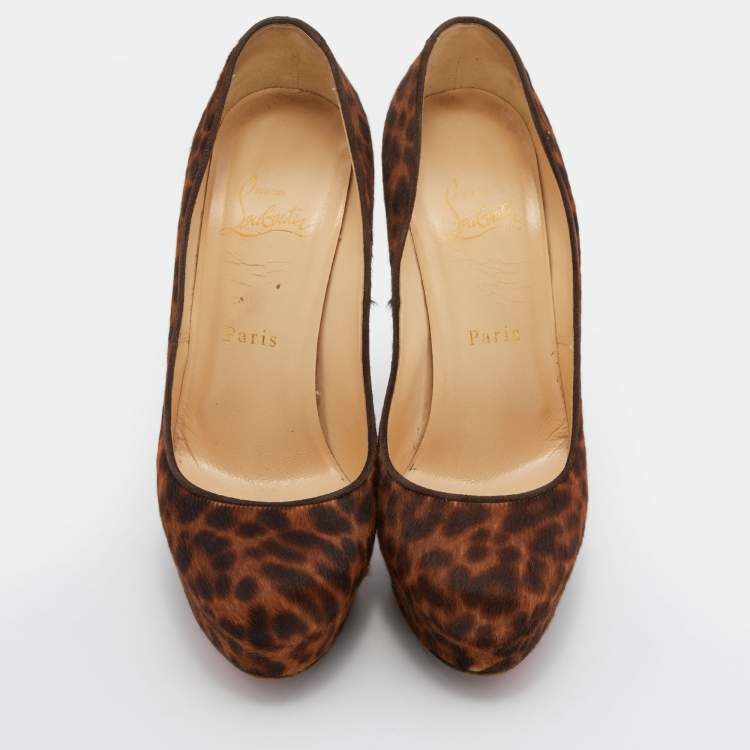 Pre Owned Christian Louboutin Brown Leopard Print Calf Hair Bianca Platform Pumps Size 37.5
