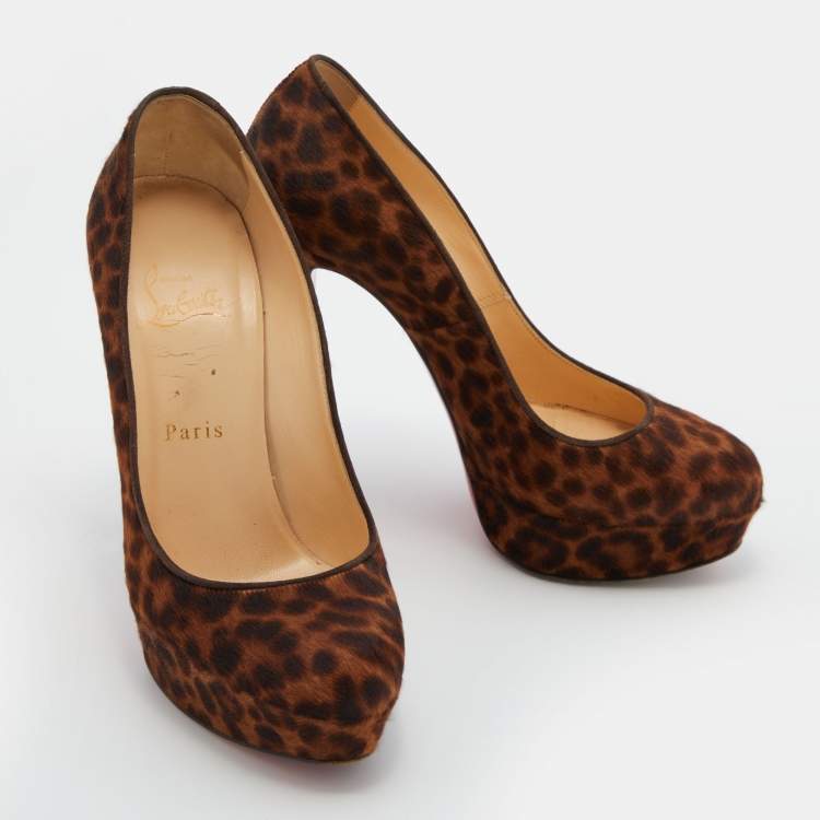 Pre Owned Christian Louboutin Brown Leopard Print Calf Hair Bianca Platform Pumps Size 37.5