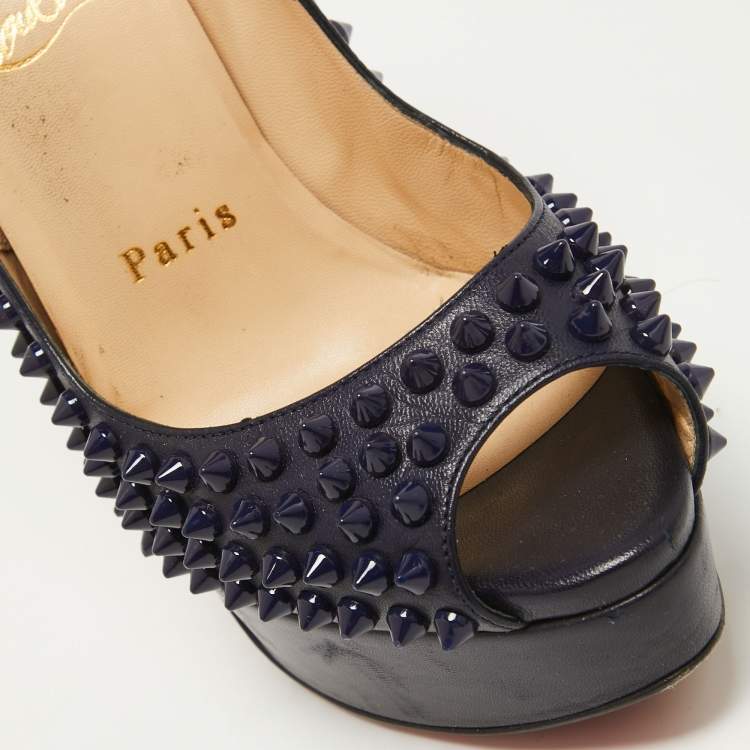 Pre Owned Christian Louboutin Navy Blue Leather Lady Peep Spikes Pumps Size 36