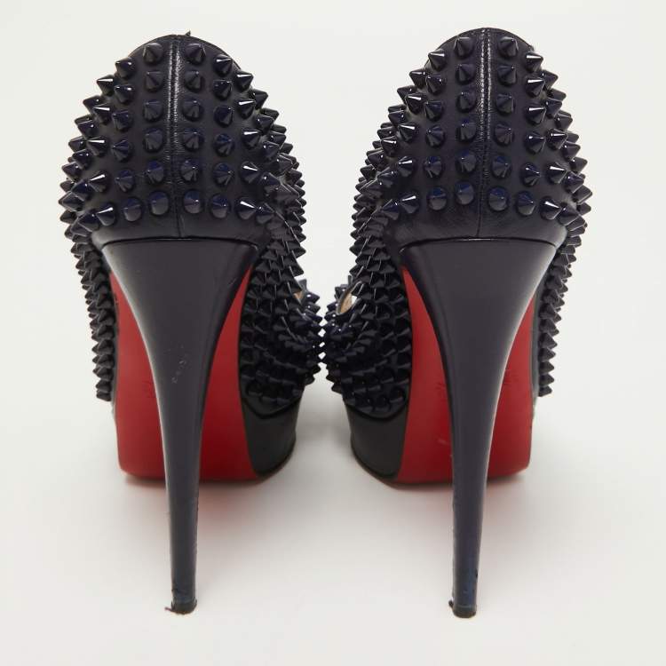 Pre Owned Christian Louboutin Navy Blue Leather Lady Peep Spikes Pumps Size 36