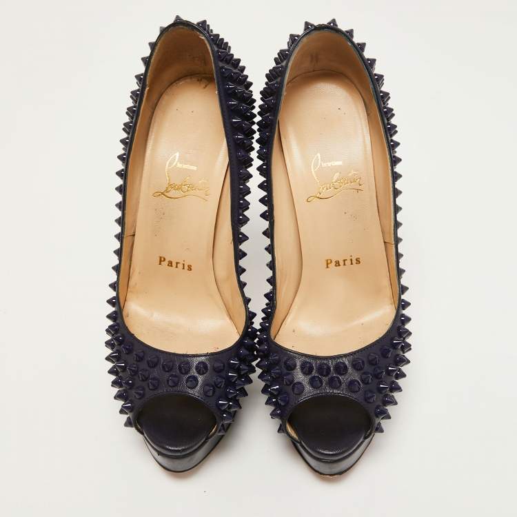 Pre Owned Christian Louboutin Navy Blue Leather Lady Peep Spikes Pumps Size 36