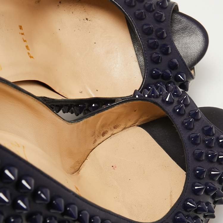 Pre Owned Christian Louboutin Navy Blue Leather Lady Peep Spikes Pumps Size 36