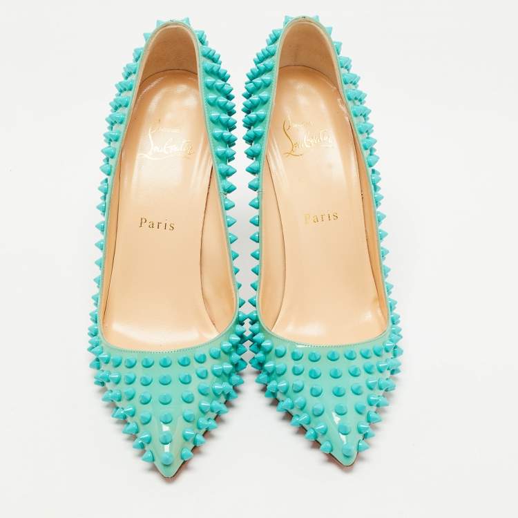 Pre Owned Christian Louboutin Turquoise Patent Leather Pigalle Spikes Pumps Size 38