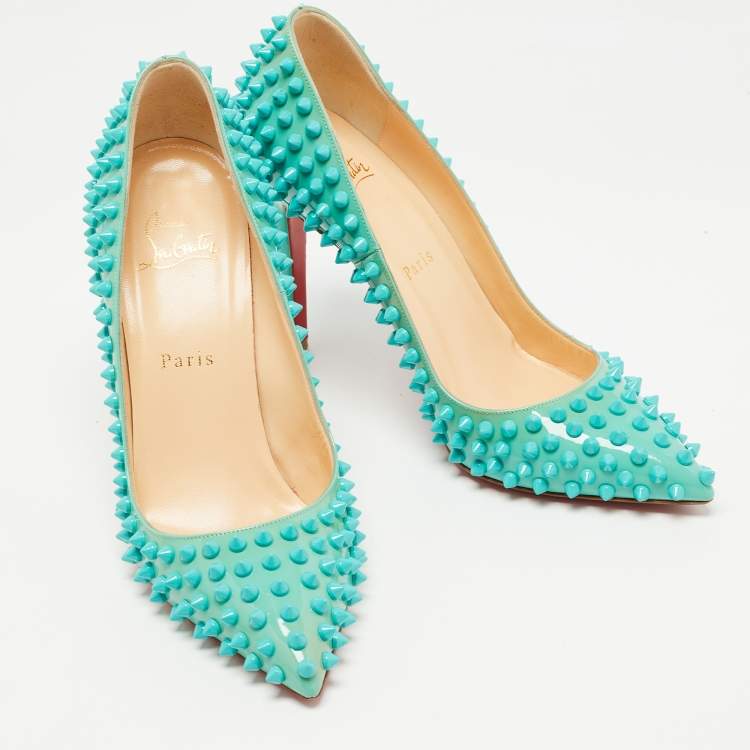 Pre Owned Christian Louboutin Turquoise Patent Leather Pigalle Spikes Pumps Size 38