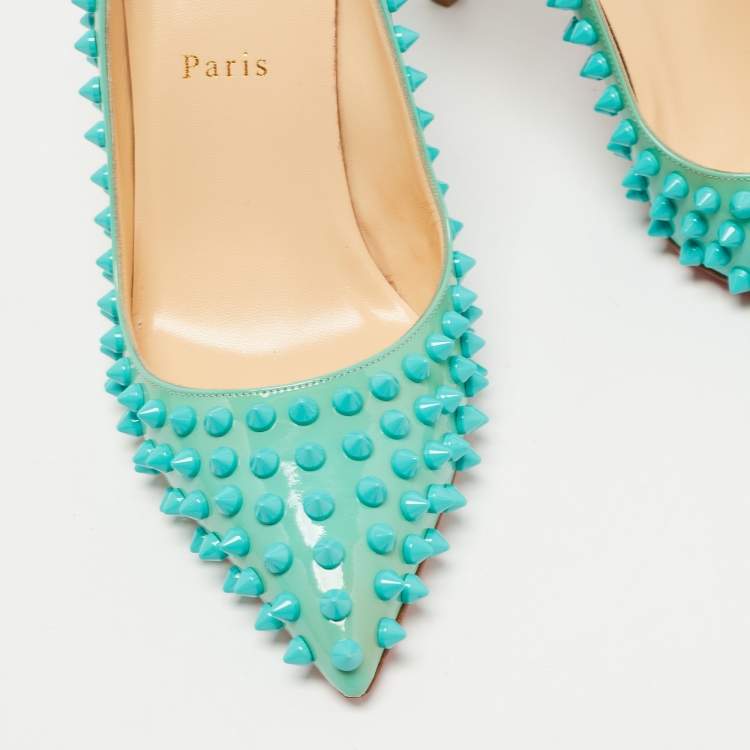 Pre Owned Christian Louboutin Turquoise Patent Leather Pigalle Spikes Pumps Size 38